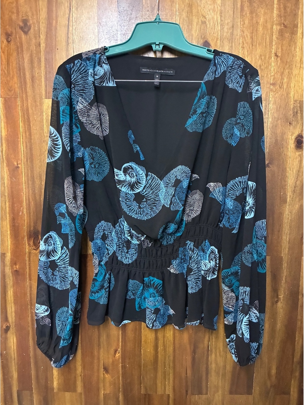 White House Black Market Seashell Print Peplum Blouse Blue Black Size M